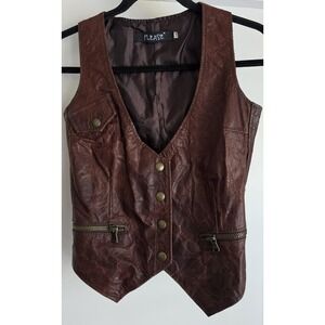 Please Italy Women Leather Vest Size 44 Brown Solid Sleeveless Western Festival